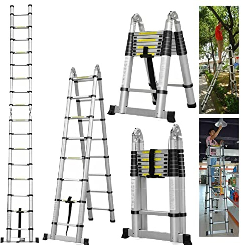 Folding Step Ladder 6+6 Step Ladder, Stainless Steel Telescoping Ladder with Stabilizer, 6.2FT+6.2FT Multipurpose Telescopic Extension Ladder for Indoor & Ourdoor, Easy to Store, Max Load 330LB,
