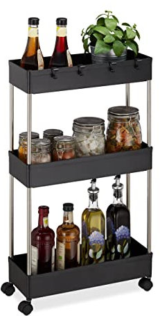 Relaxdays Nischenwagen Kunststoff, HBT 70 x 15,5 x 40,5 cm, schmales Nischenregal Bad, Küche, 4 Haken, 3 Fächer, schwarz