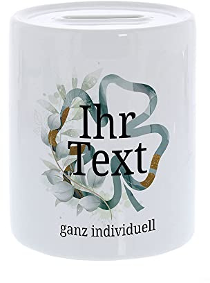 Spardose Erwachsene personalisiert mit Namen, Keramik, Aquarell Kleeblatt | Geldgeschenk als Glücksbringer – Gelddose mit Kleeblatt-Motiv für Urlaubskasse, Führerschein oder Umzug