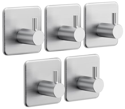 Auxmir 5 Pack Self Adhesive Hooks, Max 10kg Heavy Duty Sticky Hooks, Stainless Stick on Towel Hook, Nail Free Adhesive Hook for Kitchen, Bathroom, Cupboards, Office, Doors, Walls, Coats, Keys