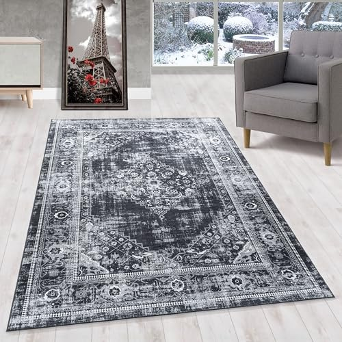 HomebyHome Waschbarer Kurzflor Teppich Schwarz 140x200 cm Vintage Design mit Rutschfester Rückseite, Hautfreundlich & Pflegeleicht, Ideal für Wohnzimmer, Schlafzimmer, Flur & mehr