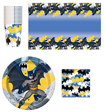 WedDecor Lot de 49 assiettes en carton Batman, nappes, serviettes, gobelets, fournitures de fête jetables pour fête d'enfants, pique-niques, anniversaires, fêtes prénatales