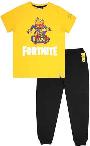 Fortnite Pigiama Bambini Bianco e Nero, Motivo Trooper, Biancheria da Notte 100% Cotone, Merchandising Ufficiale, Nero/Giallo - Burger, 13 Anni