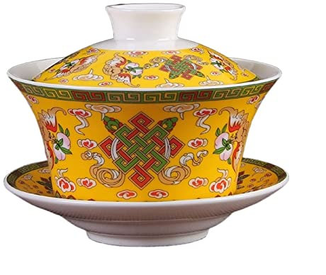 Taza de té Sopera de té de porcelana Juego de tapa de plato de tazón pintado a mano Juego de té de estilo chino (Color : 7) (Amarillo, blanco)