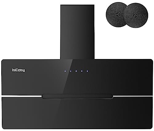 IsEasy Hotte Aspirante 90cm, Hotte de Cuisine Inclinées Noir, Classe A++, 524 m³/h, Evacuation ou Recyclage, 3 Vitesses, Eclairage à LED, 2 Filtres à Charbon