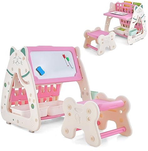 COSTWAY 3 in 1 Kinder Sitzgruppe & Tafel & Bücherregal mit 3 Aufbewahrungsboxen, inkl. Hocker und Malzubehör, für Kinder im Alter von 1-5 Jahren (Rosa + Weiß)