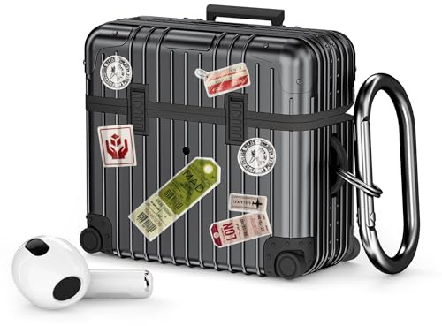 VISOOM für Airpods 3 2021 Hülle Mit Karabiner, Schwarz | niedlich Suitcase stoßfeste TPU Schutzhülle für Airpods 3 Case Mit DIY-Aufklebern, Front-LED Sichtbar, Kabelloses Laden