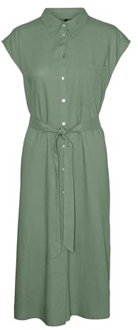 VERO MODA Damen Midi Kleid VMMymilo Hemdkleid mit Bindegürtel 10282532 Hedge Green L