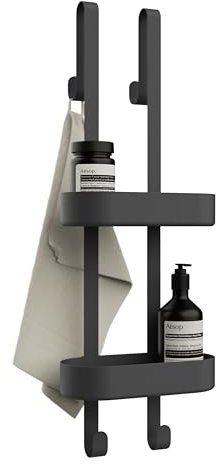 Bamodi Duschregal - 2-stufiges Regal - Höhenverstellbare Körbe - Minimalistischer Hängender Duschorganisator - Ohne Bohren oder Saugnäpfe - Mit Gummischutz - 12.5x70x24 cm - Schwarz