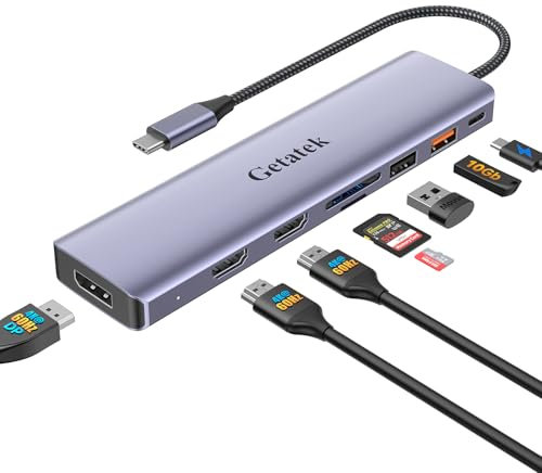 Adaptador multipuerto USB C, hub USB C 8 en 1, estación de acoplamiento USB C para portátil con 1 DP 4K a 60 Hz y 2 HDMI 4K a 60 Hz, entrega de 100 W, 1 USB 3.2 de 10 Gbps, 1 USB 2.0, ranura para