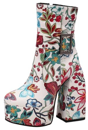 Generico Botas de mujer de invierno bajas para mujer con hebilla de cinturón de colores con tacón ultra botas de plataforma Wetkiss para mujer Tacones, Color blanco., 42