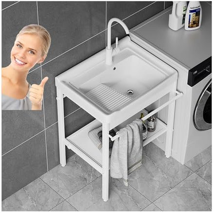 Lavabo Lavanderia Autoportante,Lavello da Cucina,Lavandino da Giardino Esterno,Lavatoio Ceramica, con Rubinetto,Componenti di Drenaggio,Supporto,per Garage,Cortile,interno/Esterno ( Color : Pull-out F