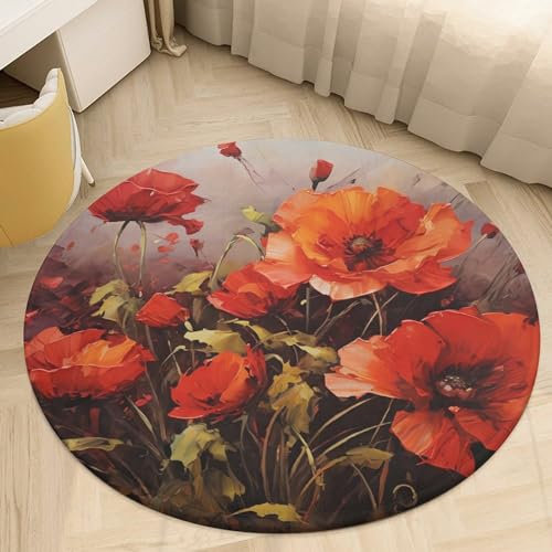 Runder Teppich für Wohnzimmer, waschbar, Boho-Teppich für Esszimmertisch, rutschfeste Bodenmatte, Ölgemälde, rote Blume, Teppich für Schlafzimmer, Büro, Badezimmer, 60 x 60 cm