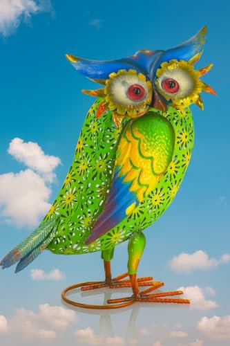 Bunte Metall Eule 35 cm – Gartenfigur aus Metall in Handarbeit bemalt – Dekoration für Garten, Balkon & Terrasse – wetterfest & auffällig