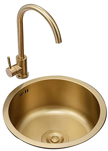 spülbecken kücheKüchen Einzelbecken für goldenes rundes Waschbecken, kleines kleines Waschbecken aus Edelstahl, Unterbauwaschbecken für Balkon, Bar, Küchenspüle, Bad (Farbe: Gold, S: 36 x 36
