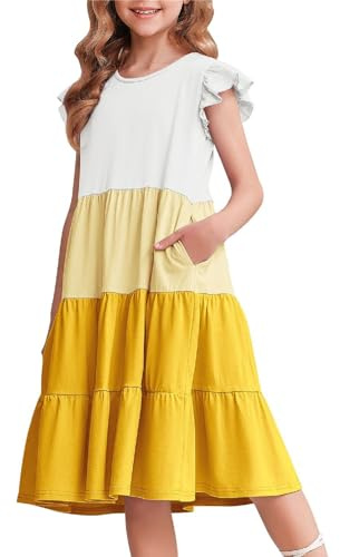 Arshiner Ragazze Abito Estivo con Maniche A Balze Abito per Il Tempo Libero in Cotone per Bambini con Scollo Rotondo Maniche Corte Swing Abiti da Festa per Bambine 13-14 Anni