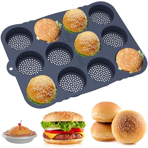 Moule à hamburger Bun Pan 8/12 - Cavité réutilisable - Ne colle pas - En silicone - Facile à enlever - Passe au lave-vaisselle - 12 trous - Gris