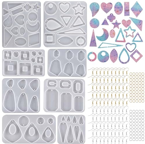 Cayway Ohrringe Resin Silikonform, 8 Stück Gießform für Epoxidharz Schmuck, Formen mit Ohrhaken für Harz, Ohrring Handwerk DIY