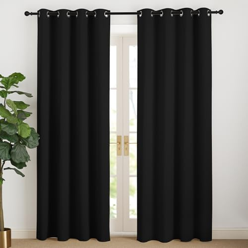 NICETOWN Thermovorhang mit Ösen Schwarze Gardinen Verdunkelungsvorhang | H220 x B140 cm, 2er Set, Verdunkelungsvorhang Kinderzimmer, Wärmeisolierende Ösenschals für Wohnzimmer, Moderne Gardinen