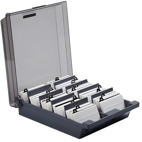 Epicover Visitenkartenhalter für den Schreibtisch, Visitenkarten-Organizer-Box mit halbtransparentem Deckel, 8 Trennwände und Karteikarten, Kunststoff-Aufbewahrungsbox für Büro, Schreibtisch, Zuhause