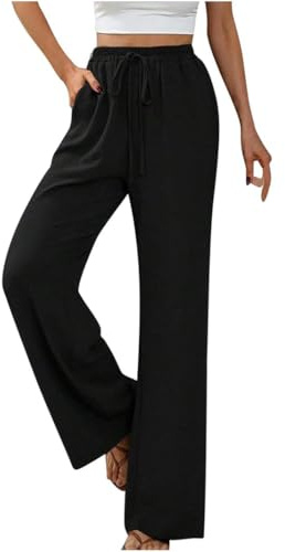 GUCURIN Pantalon Large Femme Chanvre Confortable Respirant Taille Haute Longue Sweatpants Chic Taille Elastique Jogging Plage avec Poches à la Mode Bureau Vacances Loisirs