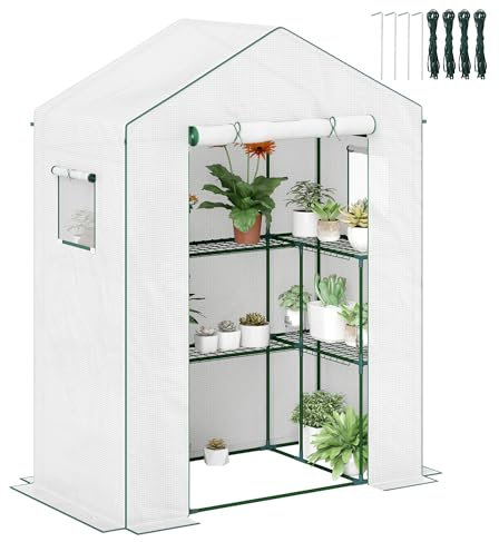 Outsunny Serre de Jardin PE avec étagères 3 Niveaux, Serre de Balcon, bâche renforcée 135 g/m², châssis en Acier, Porte zippée Enroulable, pour légumes Plantes Fleurs, 140x73x190 cm, Blanc