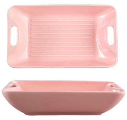 LYVQZPWLR El horno de cerámica, Fuentes for horno, juego de 2 bandejas pequeñas for lasaña, fuente de cerámica for horno de 1000 ml, bandeja rectangular for hornear profunda(Roze)