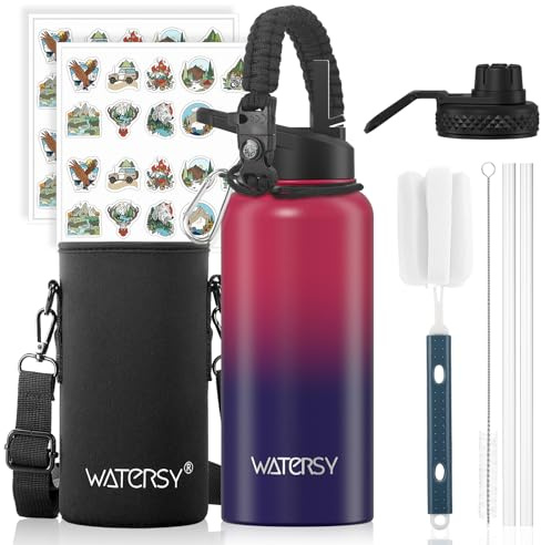 WATERSY Stainless Steel Vacuum Insulated Water Bottle 32oz, Drink Flask Metal Water Bottles 946ml with 2 Lids Leakproof (Straw Lid and Spout Lid) Keep 48 Hours Cold Drinks for Sport, Work, Travel