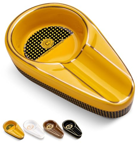 Cigar Ashtray Portable Ceramic, Heat Resistant Outdoor Small Cigarette Ash Tray Windproof with 1 Slot Cigar Holder for Patio/Outdoor/Indoor/Travel (Yellow)