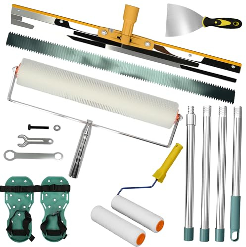aleawol Self-Levelling Cement Tool Kit with 160cm Extension Pole, 500MM Spiked Roller Self Leveling, 22 inch Stainless Steel Scraper Self-Leveling Rake, Paint Roller, Spiked Shoes