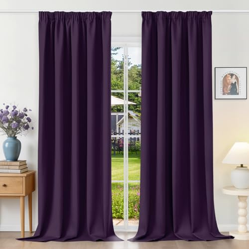 Runyéla Gardinen mit Kräuselband Vorhänge Blickdicht Dunkelviolett Verdunkelungsvorhänge 2er Set 245 x 140 (HxB) für Schienensystem, Thermovorhänge Kälteschutz Schiebegardinen für Wohnzimmer Curtain