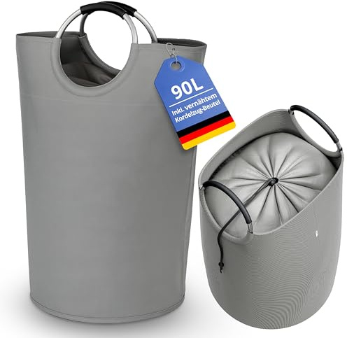 SAMMLEX Pfandflaschenbeutel 90 L Volumen für 50 Flaschen oder 70 Dosen 70 x 39 cm faltbar und wasserabweisend mit Kordelzug und Alu-Griffen als Einkaufstasche verwendbar grau und schwarz (Grau)