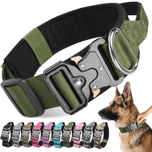 Viugex Taktisches Hundehalsband, Weich Gepolstertes Nylon Hunde Halsband, Langlebig, Premium-Qualität, Verstellbare Hundehalsbänder mit Metallschnalle für Mittlere Große Hunde (Armeegrün, M)