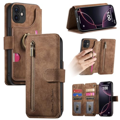 Trugox Handyhülle für Apple iPhone 11 Hülle Klappbar Klapphülle mit Kartenfächer RFID Reißverschluss Schutzhülle Ringhalter Ring Ständer Handytasche Leder Wallet Case - Braun
