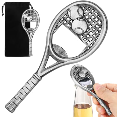 Apribottiglie a Forma di Racchetta da Tennis, Birra Apribottiglie con Sacchetto Regalo, Regalo per Compleanno, Festa del Papà, Natale, per Uomini, Donne, Amico, Amanti della Birra, Argento Scuro