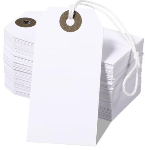 LIQWEI 100 Stück Preisschilder Flohmarkt Etiketten, 7 x 4cm Preisetiketten Hängeetiketten Anhänger Etiketten mit Schnur Geschenkanhänger Weiß Geschenk Anhänger für Kleidung Geschenke Schmuck Display