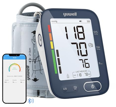 yuwell Smart Blood Pressure Monitor for Home Use, Upper Arm Extra Large Cuff (22-45cm), Bp Machine with Bluetooth Function, AFib Detection, Voice Broadcast and 4.5 Backlit Screen, Dual Users（YE680B）
