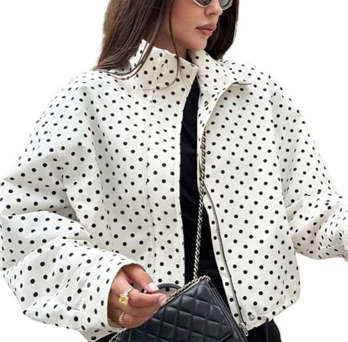 Juankrynord Women's Spring Fashion Black and White Polka Dot Retro Elegant Classic Collared Short Jacket; Loose-Fit Casual Zipper Hem Drawstring Sports Jacket