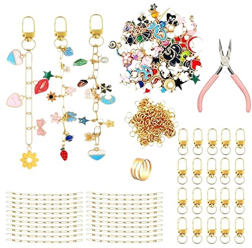 KUIZHEN 302 Stück DIY Schlüsselanhänger Basteln Charms Anhänger Set, Charms Set inklusive 100 Charms, Schlüsselanhänger Selber Machen für DIY-Geschenke für Frauen