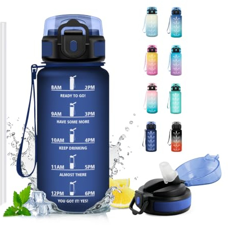 Borraccia Sport 500ml, Borraccia con Cannuccia, Bottiglia d'acqua Sportiva con Indicatore del Tempo Motivazionale, Riutilizzabile, 1 Clic Aperto, Borraccia Acqua per Scuola, Bici, Palestra
