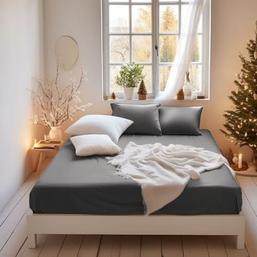 MOHAP Warm Double Size Fitted Sheet Gray with Extra Deep 30 cm Pocket Bed Sheet Only Bedsheet Brushed Microfiber Bottom Sheet for Double Bed 135x190 Grey