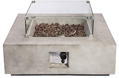 Teamson Home Outdoor Garden Concrete Propane Gas Fire Pit Table Burner, Smokeless Firepit, Patio Furniture Heater with Glass Screen, Lava Rocks, Cover Light Grey