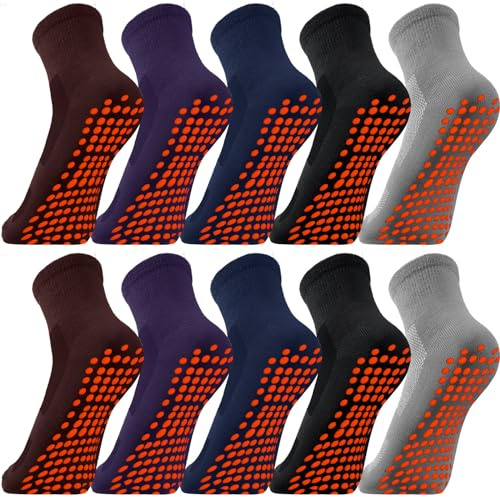 Geyoga 10 Pairs Non-Slip Grip Socks Yoga Pilates Hospital Socks Cushioned Sole Grip Socks for Men Women Pilates Barre, Dark Colors, 6