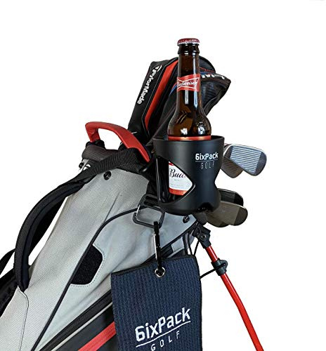 6ixPack Golf Golf Bag Drink Holder, Universal Cup Holder Fits All Types of Bottles, Cans and Coffee Cups, Adjustable Clamp Fits any Golf Bag or Trolley. Golf Accessories