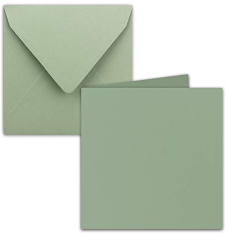 Set di 50 biglietti pieghevoli, quadrati, con buste, incollaggio a umido, 15 x 15 cm, per biglietti di auguri, inviti e molto altro, colore verde eucalipto