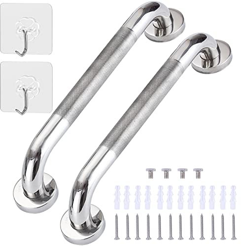 2 Pack 17inch Anti Slip Shower Grab Bar Handle, Chrome Stainless Steel Bathroom Grab Bar, Knurled Bathroom Balance Bar,Safety Hand Rail Support,Handicap Elderly Senior Assist Bath Handle