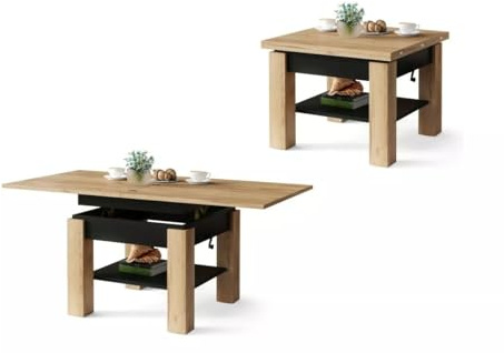 All4All Multifunktionaler Couchtisch Claris - Wohnzimmertisch Kaffeetisch – kompakte Größe - 130x75 cm – Höhenverstellbar – platzsparend – Gold Craft Eiche + SCHWARZ 05