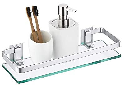KASAN KüchenregalWandablage Aus Glas Badregal - Wandregal Bad & WC - Badablage Für Spiegel & Waschbecken - Glasregal Badezimmer-Regal Mit Reling Aus Chrom & Glasablage Klar,50CM