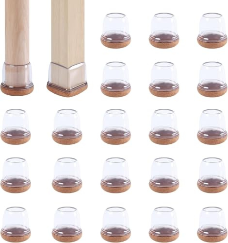 RCHYFEED 22-26mm Stuhlbeinkappen mit Filzpolstern Transparente Silikon, 24 STK Elastische Schutzkappen für Stuhlbeine Rund Gummi Stumm & Kratzfest, Stuhlbeinschoner mit Filz 1'' Filzgleiter