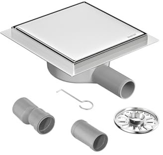 Neodrain Canalina per doccia quadrata, in acciaio inox, con sifone a 360°, filtro per capelli 2 in 1, piastrellabile, scarico doccia, 15 x 15 cm
